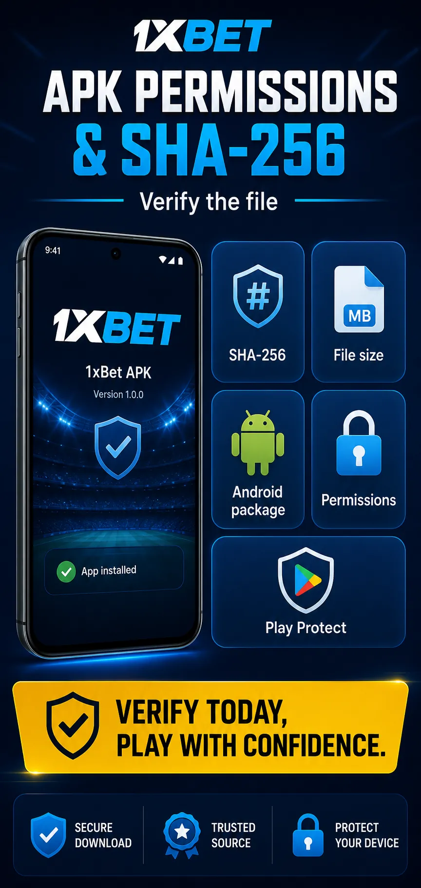 1xBet APK permissions infographic with 1xbet.apk file, version 1xbet-prod-v255.5.0, size 56.7 MB, short SHA-256, Android and notifications storage network permissions