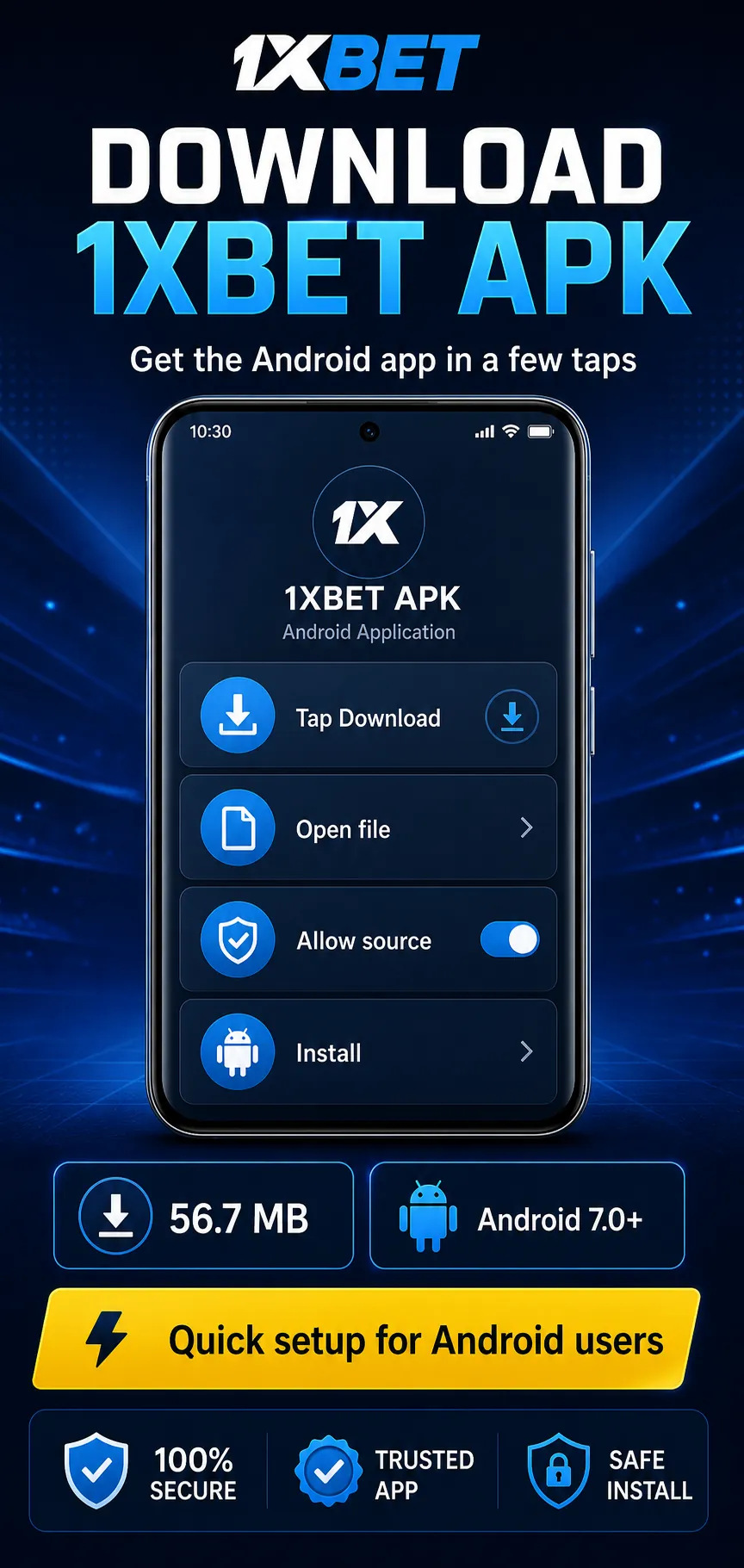 1xBet APK Android download infographic with the file 1xbet.apk, 56.7 MB size, a clear source, a private link to avoid and a reminder that iPhone does not use APK